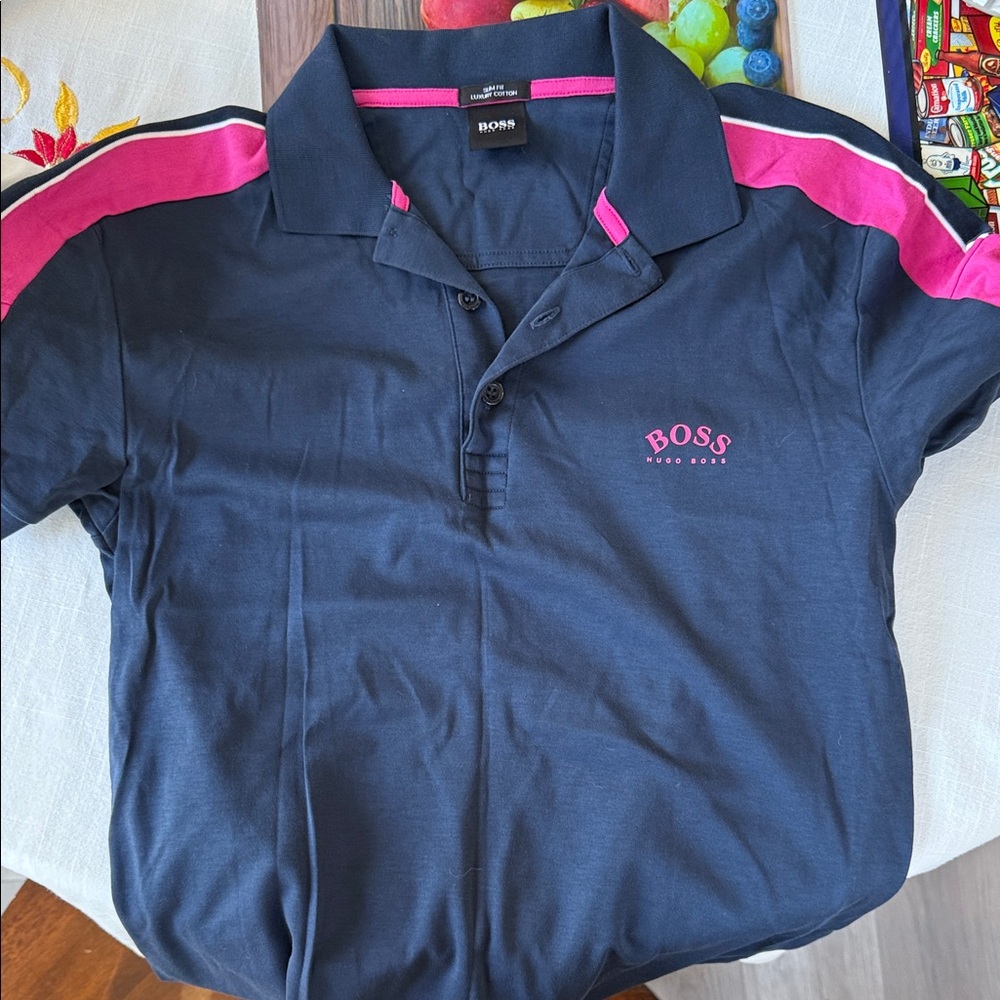 Boss Polo Shirt in Navy and Pink